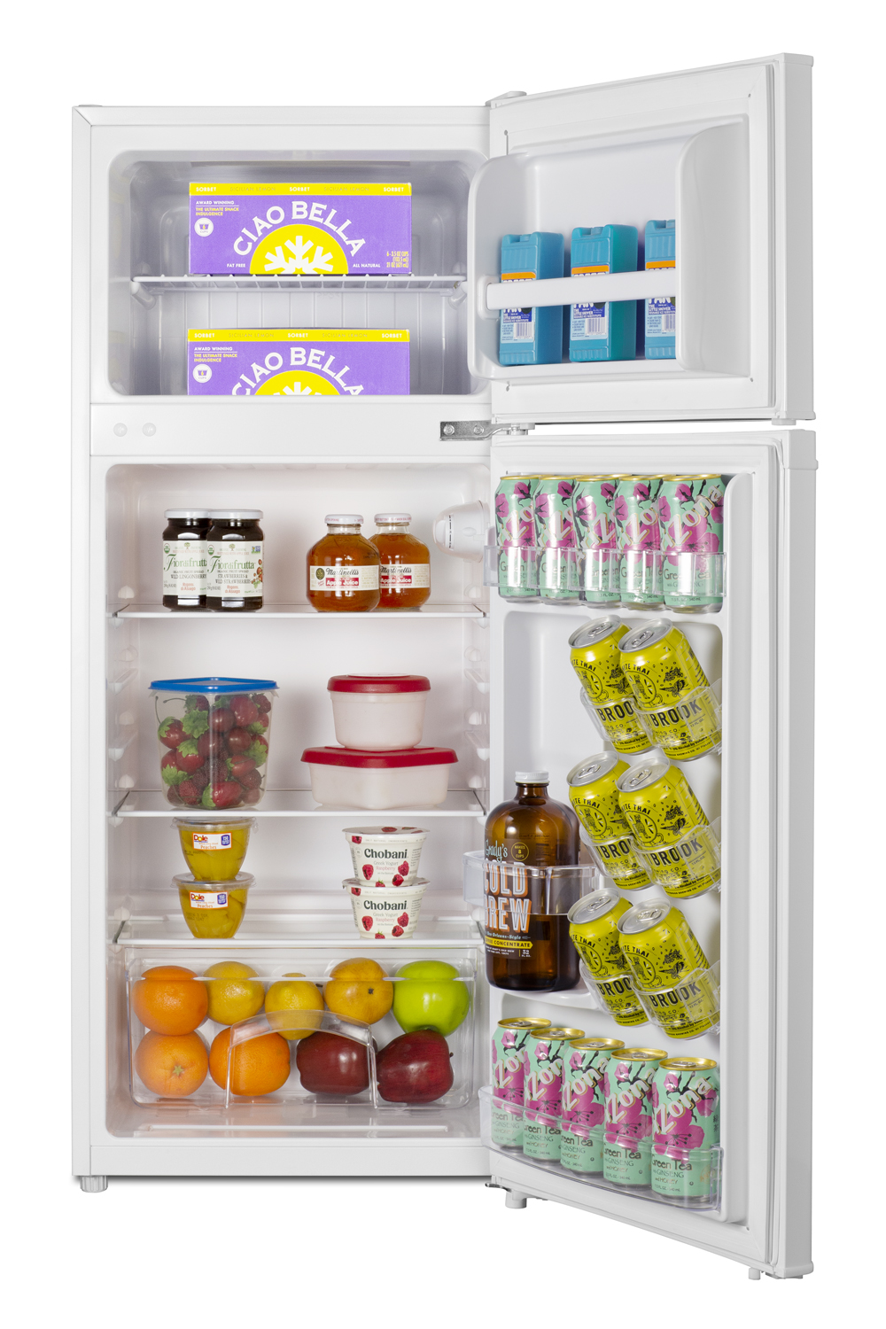 Two-door ENERGY STAR certified refrigerator-freezer in an ADA compliant height with all-white design, user-reversible doors, manual defrost, and dial thermostat